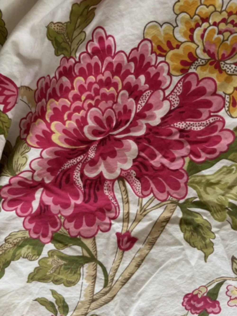 Pottery Barn Full/Queen Duvet Cover Jacobean Peony Floral Pink Yellow Cotton